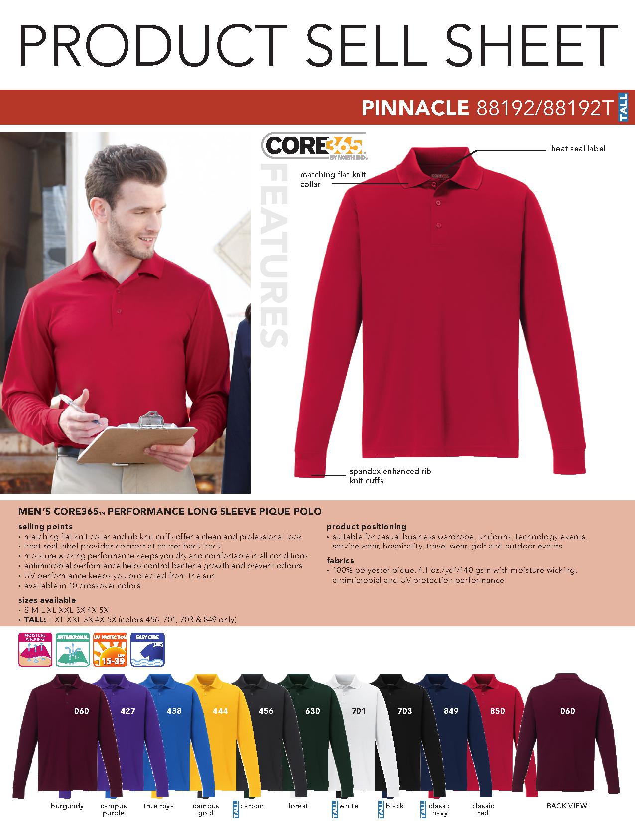 Core 365 88192 - Men's Pinnacle Performance Long Sleeve Pique Polo
