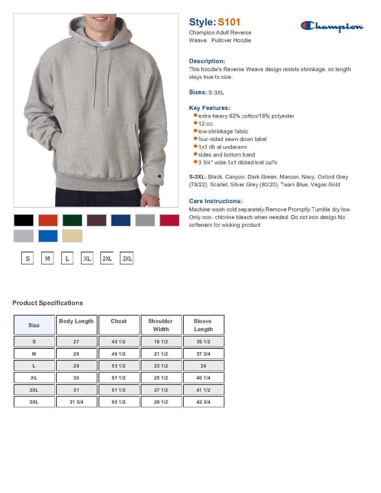 champion reverse weave hoodie size chart